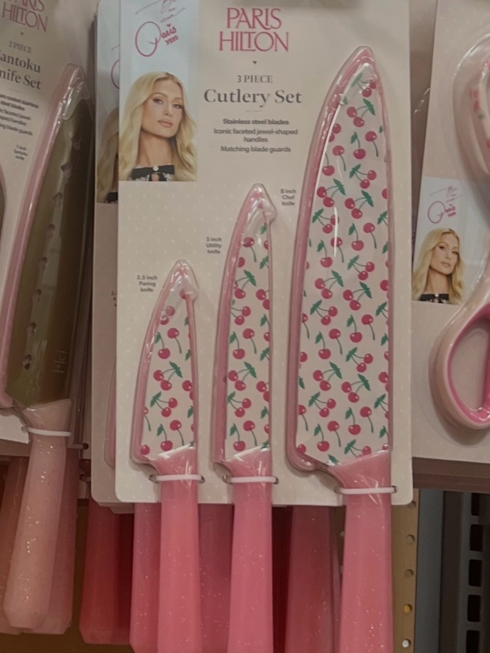 New Paris Hilton 3-Piece Cutlery Set, Stainless Steel Blades with Cherry Decal